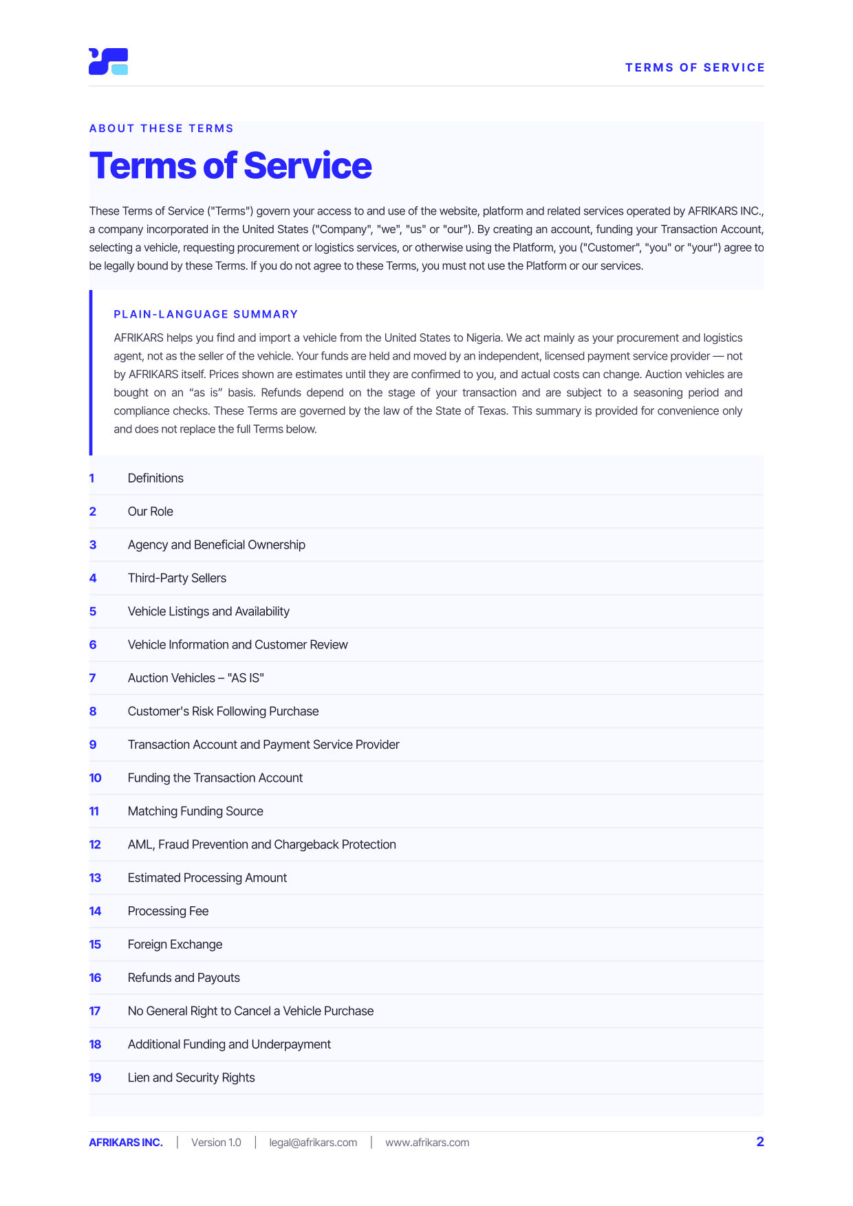 Terms of Service, page 2