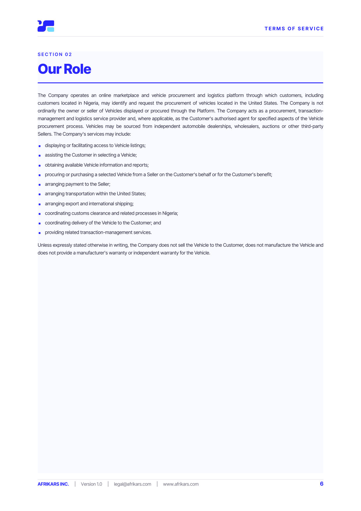 Terms of Service, page 6
