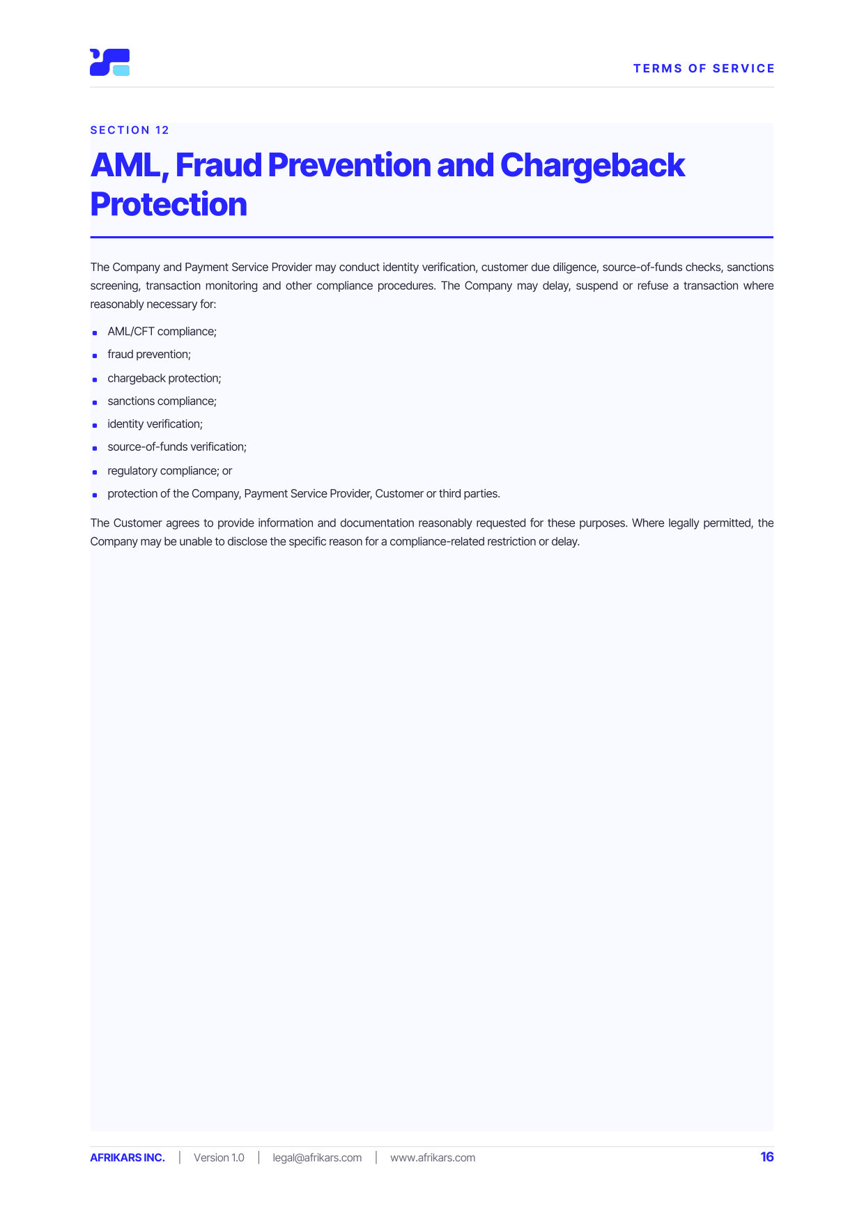 Terms of Service, page 16
